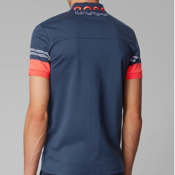 NWT Hugo Boss Blue Polo Shirt with Striped Sleeves - Picture 4 of 5